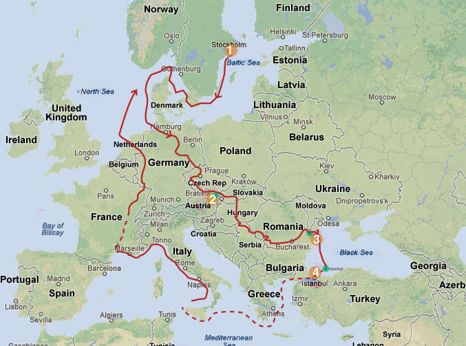 Cederblom’s first trip route: 1 Stockholm, 2 Vienna, 3 Costanta, 4 Istanbul. Dotted lines = by freight ship or train.